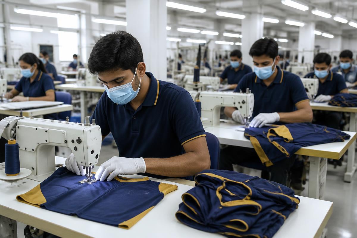 Clean, organised sportswear factory floor with skilled operators sewing custom kit