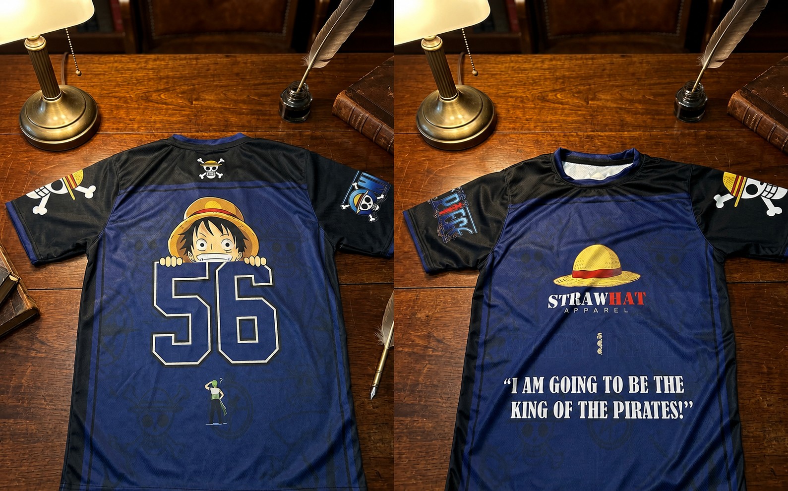 Custom sublimated anime-themed sports jersey in navy and black, front and back, made by StrawHat Apparel